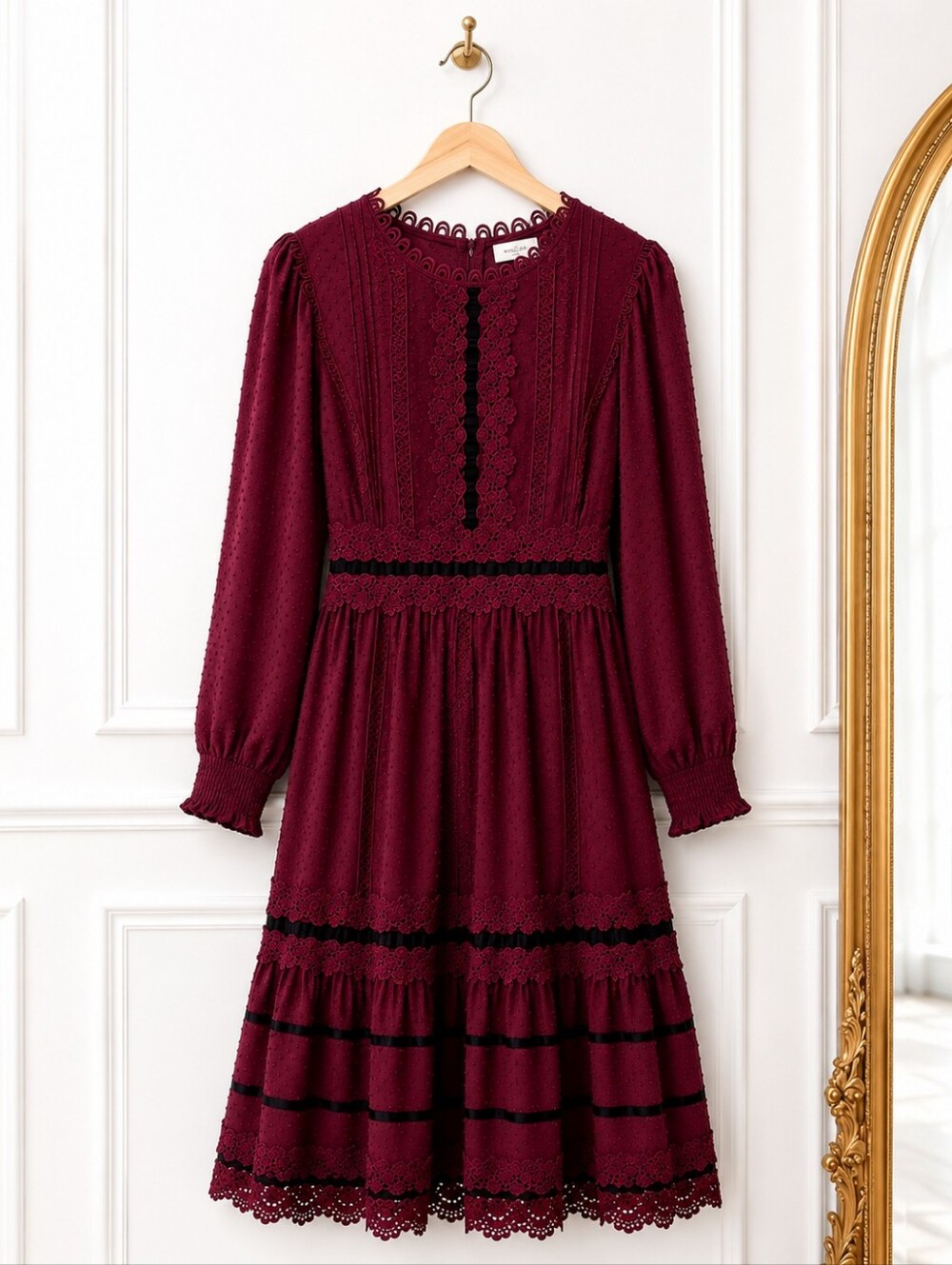 Just Me Burgundy Swiss Dot Lace Midi Dress Size Medium Long Sleeve Romantic - Picture 5 of 8